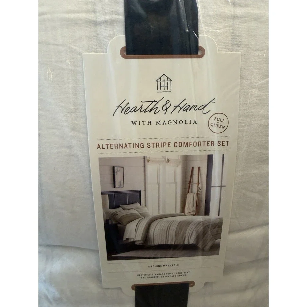 RARE 3pc Full/Queen Pinstripe Comforter & Sham Gray/Cream Hearth & Hand NEW